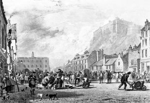 Le château depuis le Grass Market, Édimbourg, gravé par George Cooke et Henry Le Keux, 1820 - Augustus Wall Callcott