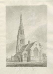 Cheadle - Église catholique romaine (Saint-Gilles) : dessin au lavis sépia - Augustus Welby Northmore Pugin