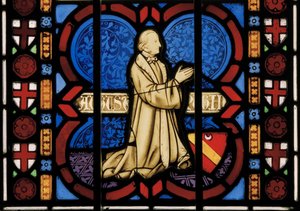 Pugin à genoux en prière, fenêtre Est de la chapelle