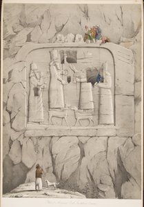 Sculpture rupestre assyrienne (Bavian), des Monuments de Ninive, pub. 1849 (gravure) - Austen Henry Layard