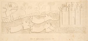 Fugitifs traversant une rivière vers un château, des Monuments de Ninive, pub. 1849
