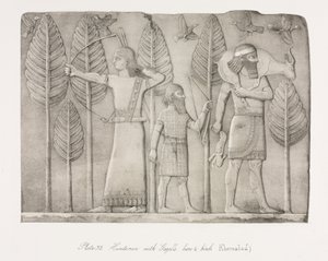 Monuments de Ninive : Planche 32, Chasseurs avec gazelle, lièvre et oiseaux (Khorsabad)