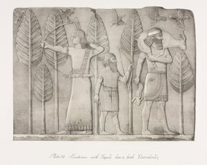 Monuments de Ninive : Planche 32, Chasseurs avec gazelle, lièvre et oiseaux Khorsabad