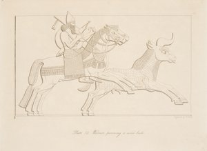 Guerrier poursuivant un taureau sauvage, des Monuments de Ninive, pub. 1849 - Austen Henry Layard