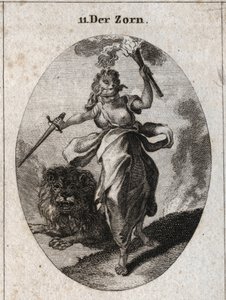 Allégorie de la colère représentée dans une attitude agitée, les yeux bandés, une épée et une torche dans les mains. Elle est vêtue de peau d