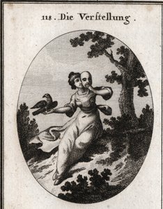Allégorie de la dissimulation. Elle couvre son visage avec un masque, emblème du faux. Son attribut est une pie, à la fois blanche et noire, et ses caresses sont mêlées de becs. Gravure dans « Iconologie oder Ideen aus dem Gebiete der Leidenschaften und Al - Austrian School