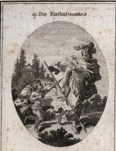 Allégorie de la continence, vertu héroïque représentée comme une guerrière avec un casque et une lance tournée vers la terre. Elle évite de combattre les passions (représentées par l