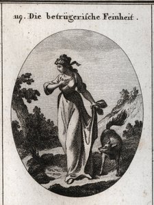 Allégorie de la finesse qui tend à tromper. Elle est représentée une main sur sa poitrine et l
