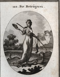 Allégorie de la fraude représentée avec un double cœur et tenant un masque. Elle tient une canne à pêche qui a mordu un poisson. Ses jambes se terminent en griffes de vautour et elle a une queue de scorpion. Son attribut est un serpent avec un visage humai - Austrian School