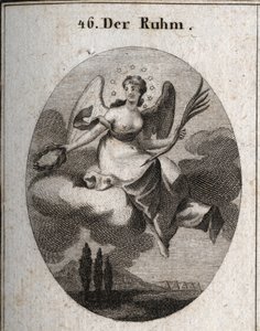 Allégorie de la gloire sur un nuage. Elle tient une palme et présente des couronnes de laurier avec lesquelles elle récompense ses favoris. Ses ailes marquent son élévation. Gravure dans « Iconologie oder Ideen aus dem Gebiete der Leidenschaften und Allego - Austrian School