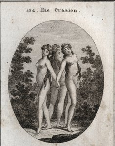 Allégorie des grâces. Les trois grâces : Euphrosyne signifiant allégresse et contentement, Aglaya symbolisant la beauté imposante et Thalia délice. Gravure dans « Iconologie oder Ideen aus dem Gebiete der Leidenschaften und Allegorien bildich dargestellt f - Austrian School