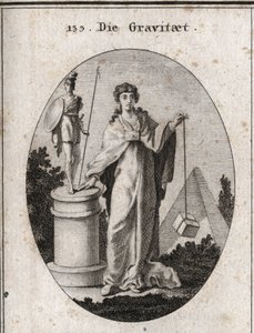 Allégorie de la gravité. La chaîne en or à laquelle est attaché un papier symbolise la confiance. La colonne et la statue signifient la conservation des actions glorieuses et la pierre dénote la pondération. Gravure dans « Iconologie oder Ideen aus dem Geb - Austrian School