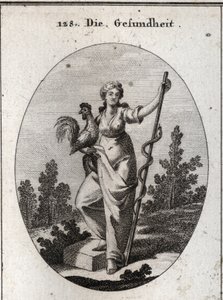 Allégorie de la santé représentée par une femme forte tenant un coq, animal consacré à Esculape, dieu de la médecine. Elle tient un bâton autour duquel est enroulé un serpent (décidu), animal le moins sujet aux maladies. Gravure dans « Iconologie oder Idee