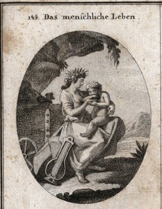 Allégorie de la vie humaine. La lyre et la charrue symbolisent le plaisir et le travail. Elle donne à boire à un enfant, essentiel pour vivre. Gravure dans « Iconologie oder Ideen aus dem Gebiete der Leidenschaften und Allegorien ». - Austrian School