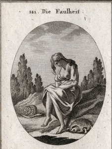 Allégorie de la paresse. Elle tient ses bras croisés. Son attribut est une tortue et une limace. Gravure dans « Iconologie oder Ideen aus dem Gebiete der Leidenschaften und Allegorien bildich dargestellt für Zeichner, Mahler, Dichter, Gelehrte, Erzieher un - Austrian School