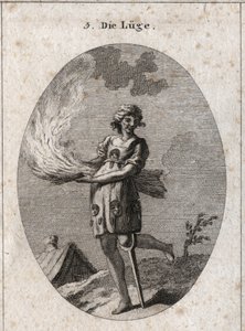 Allégorie du mensonge représentée laide, avec de mauvais cheveux et de mauvais vêtements. Ses vêtements sont remplis de langues et de masques. La paille brûlante illustre le manque de subsistance de ses paroles et la jambe de bois, la faible solidité. Grav - Austrian School
