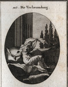 Allégorie de la médisance représentée par une vieille femme oisive et molle assise sur des coussins. Le voile indique qu