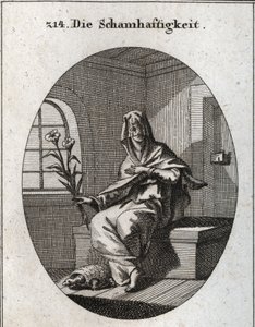 Allégorie de la modestie. Son symbole est une branche de lys et une tortue qui signifie que les femmes modestes doivent être retirées de leurs foyers. Son visage est couvert d