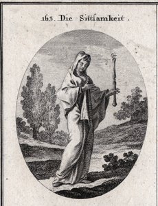 Allégorie de la modestie. Elle tient un sceptre au-dessus duquel se trouve un œil signifiant que la modestie doit être clairvoyante sur elle-même. Gravure dans « Iconologie oder Ideen aus dem Gebiete der Leidenschaften und Allegorien bildich dargestellt fu - Austrian School