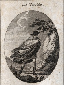 Allégorie de la providence. Expression : Quand il fait beau, prends ton manteau, quand il pleut, prends-le, si tu veux. Gravure dans « Iconologie oder Ideen aus dem Gebiete der Leidenschaften und Allegorien bildich dargestellt für Zeichner, Mahler, Dichter - Austrian School