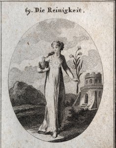 Allégorie de la pureté. Ses attributs sont la colombe et le lys, symboles de candeur. Gravure dans « Iconologie oder Ideen aus dem Gebiete der Leidenschaften und Allegorien bildich dargestellt fur Zeichner, Mahler, Dichter, Gelehrte, Erzieher und freunde H - Austrian School