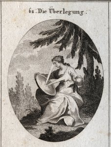 Allégorie de la réflexion. Un rayon de lumière part de son cœur, frappe le miroir sur ses genoux et reflète la lumière sur son front. Gravure dans « Iconologie oder Ideen aus dem Gebiete der Leidenschaften und Allegorien bildich dargestellt fur Zeichner, M