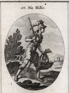 Allégorie du secours représentée en armure avec une épée. Elle porte une bourse et un panier plein de nourriture pour symboliser le secours en cas de calamités et de famine. Elle marche rapidement. Gravure dans « Iconologie oder Ideen aus dem Gebiete der L