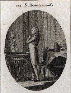 Allégorie de la connaissance de soi. Un jeune homme fait face à un miroir. Gravure dans « Iconologie oder Ideen aus dem Gebiete der Leidenschaften und Allegorien bildich dargestellt fur Zeichner, Mahler, Dichter, Gelehrte, Erzieher und freunde Hoherer Gesc - Austrian School