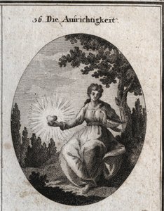 Allégorie de la sincérité tenant une colombe contre sa poitrine et présentant un cœur rayonnant. Gravure dans « Iconologie oder Ideen aus dem Gebiete der Leidenschaften und Allegorien bildich dargestellt fur Zeichner, Mahler, Dichter, Gelehrte, Erzieher un - Austrian School