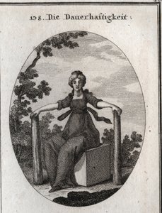 Allégorie de la stabilité assise sur un cube de marbre avec deux piles plantées dans la terre. Gravure dans « Iconologie oder Ideen aus dem Gebiete der Leidenschaften und Allegorien » - Austrian School