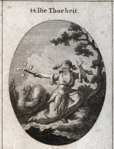 Allégorie de la stupidité personnifiée par une femme ridicule qui tient une bobine de carte qui tourne dans le vent et rit de ce dont elle rit. Gravure dans « Iconologie oder Ideen aus dem Gebiete der Leidenschaften und Allegorien »