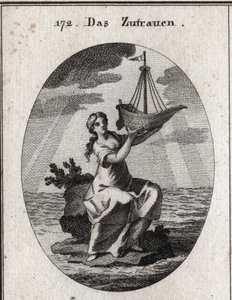Allégorie de la confiance représentée par une femme assise sur une place au milieu de la mer et tenant dans sa main un navire qu