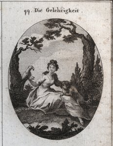Allégorie de la docilité. Ses attributs sont la perruche et le petit chien en raison de leur obéissance et de leur désir de plaire. Gravure dans « Iconologie oder Ideen aus dem Gebiete der Leidenschaften und Allegorien bildlich dargestellt für Zeichner, Ma