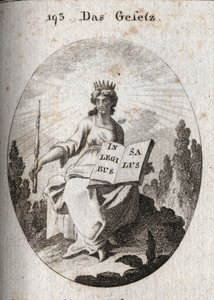Allégorie de la loi. Son diadème rayonnant marque son origine divine. Le sceptre dénote son autorité et le livre est ouvert ou inscrit "In Legibus Salus" signifie qu