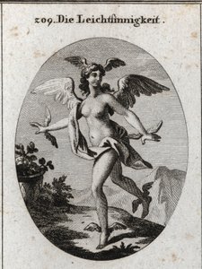 Allégorie de la lumière. Elle a des ailes sur la tête, les épaules, les pieds et les mains. Gravure dans « Iconologie oder Ideen aus dem Gebiete der Leidenschaften und Allegorien bildich dargestellt fur Zeichner, Mahler, Dichter, Gelehrte, Erzieher und fre