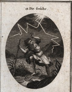 Allégorie du péril représentée par un jeune homme qui échappe à un courant rapide en posant le pied sur un serpent qui le pique et en même temps un éclair frappe derrière lui. Gravure dans « Iconologie oder Ideen aus dem Gebiete der Leidenschaften und Alle - Austrian School