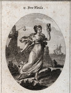 Allégorie de la diligence représentée marchant rapidement. Ses attributs sont le sablier et l