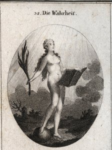 Allégorie de la vérité représentée nue sans artifice et naturelle regardant la lumière du soleil. La palme symbolise le triomphe de la fraude et le livre représente l
