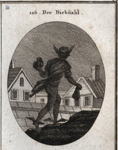 Allégorie du vol représenté par un homme marchant dans la nuit avec une lanterne sourde et une bourse dans ses mains. Les ailes sur ses pieds montrent qu