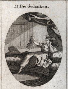 Allégorie des pensées représentée avec des ailes à la tête et tenant un bouquet de fils emmêlés image de l