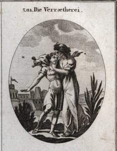 Allégorie de la trahison. Une vieille femme affreuse caresse un beau jeune homme et en même temps se prépare à le poignarder. Gravure dans « Iconologie oder Ideen aus dem Gebiete der Leidenschaften und Allegorien bildich dargestellt für Zeichner, Mahler, D - Austrian School