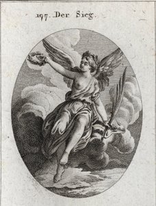 Allégorie de la victoire. Elle a des ailes et tient une palme et une couronne de laurier. Gravure dans « Iconologie oder Ideen aus dem Gebiete der Leidenschaften und Allegorien bildich dargestellt für Zeichner, Mahler, Dichter, Gelehrte, Erzieher und Freun - Austrian School