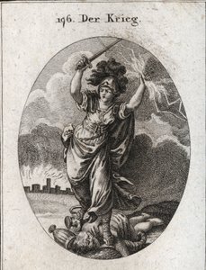 Allégorie de la guerre. Elle tient un éclair et une épée nue et brise sous ses pieds des vases en or et en argent et une statue du dieu Plutus symbolisée par une corne d