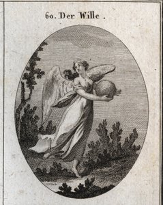 Allégorie de la volonté. Elle est représentée ailée et tenant une boule de différentes couleurs. Gravure dans « Iconologie oder Ideen aus dem Gebiete der Leidenschaften und Allegorien bildich dargestellt fur Zeichner, Mahler, Dichter, Gelehrte, Erzieher un - Austrian School