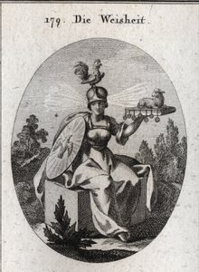 Allégorie de la sagesse. Ses vêtements et ses armes blanches définissent sa force et sa pureté. Le coq sur son casque est le symbole de son intelligence et de sa vigilance. Les rayons de lumière sortant de ses tempes signifient dignité et sainteté. Le livr - Austrian School