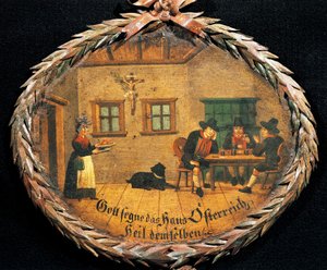Clients assis à une table dans une auberge et serveuse, enseigne ovale pour auberge, Autriche