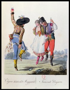 Danseurs hongrois en costume traditionnel, illustration d