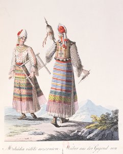 Femmes en costume traditionnel de la région de Mehadia, illustration du livre Costumes de Hongrie par J.H. de Bikkesy, 1810 - Austrian School
