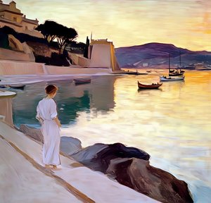Une femme sur la côte au coucher du soleil