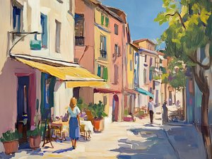 Une rue animée bordée de cafés européens
